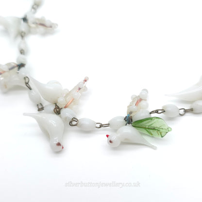 Antique / Vintage White Murano Glass Bird And Green Leaf Necklace
