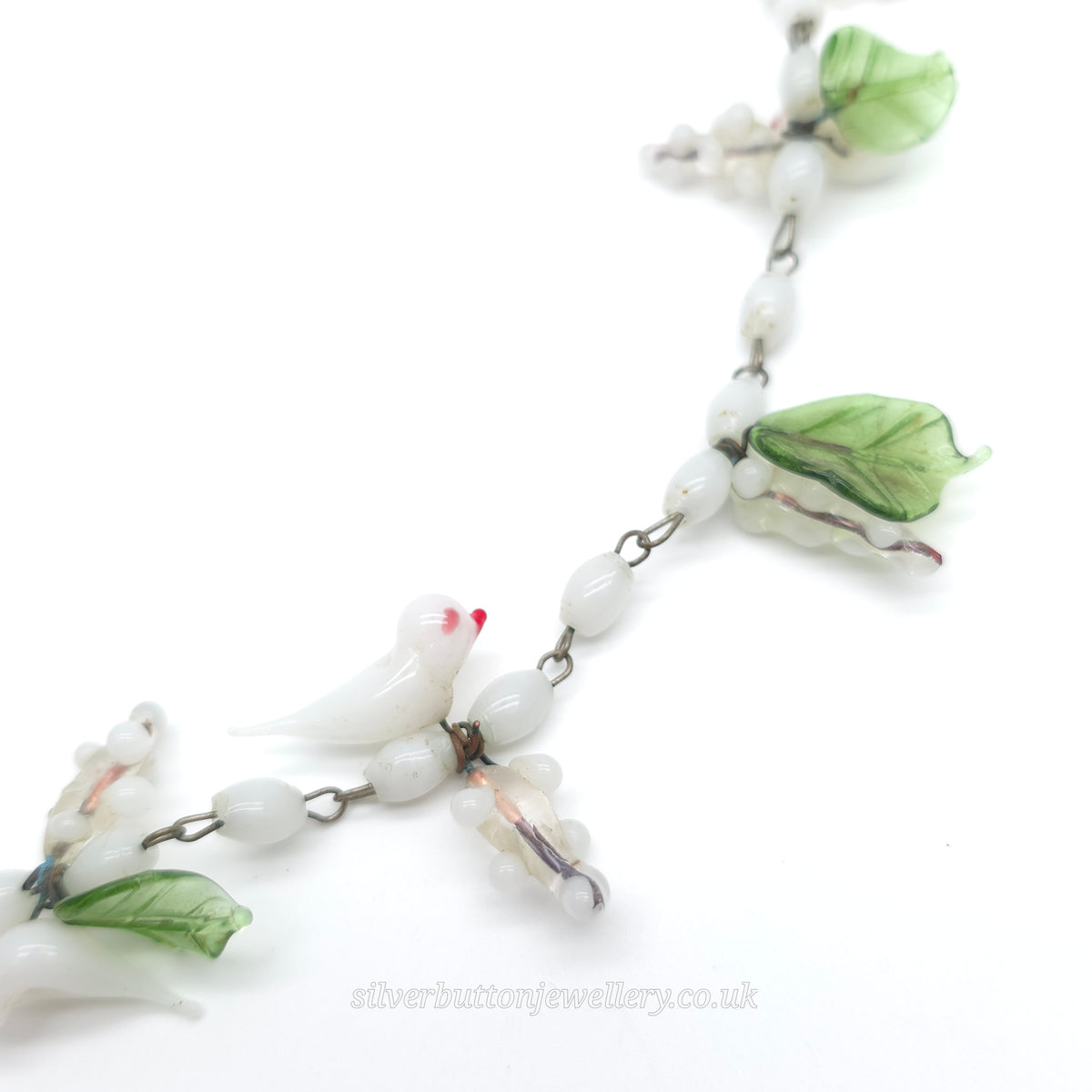 Antique / Vintage White Murano Glass Bird And Green Leaf Necklace