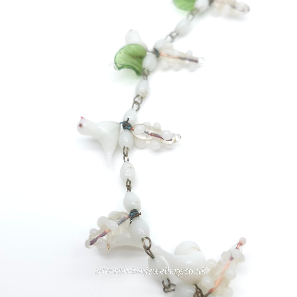 Antique / Vintage White Murano Glass Bird And Green Leaf Necklace