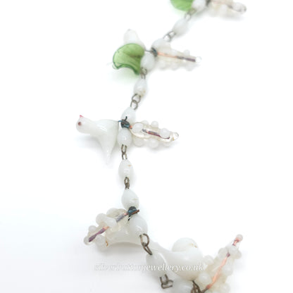 Antique / Vintage White Murano Glass Bird And Green Leaf Necklace