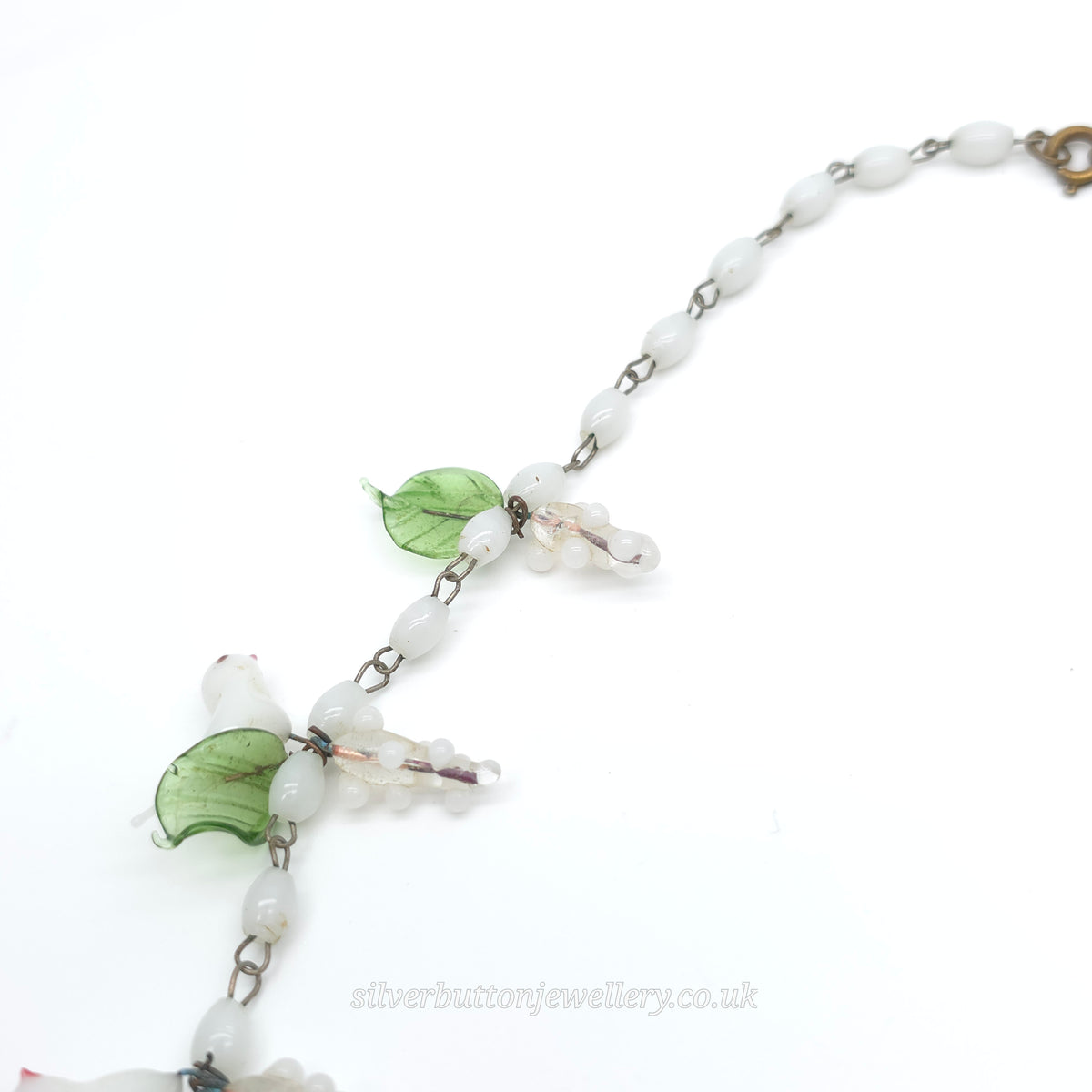 Antique / Vintage White Murano Glass Bird And Green Leaf Necklace