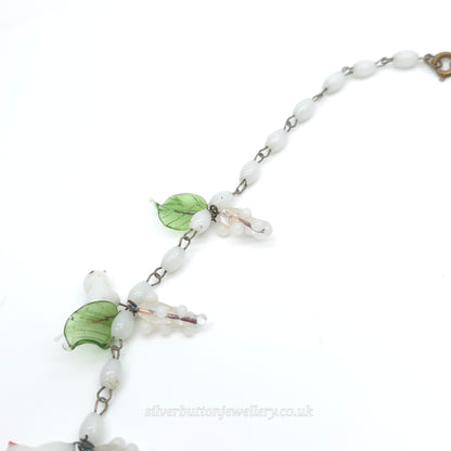 Antique / Vintage White Murano Glass Bird And Green Leaf Necklace