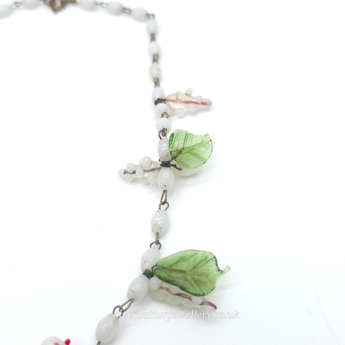 Antique / Vintage White Murano Glass Bird And Green Leaf Necklace