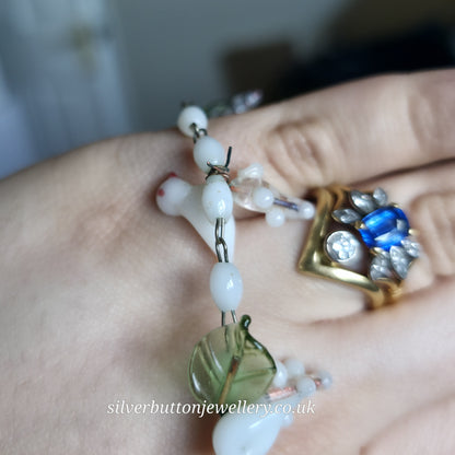 Antique / Vintage White Murano Glass Bird And Green Leaf Necklace