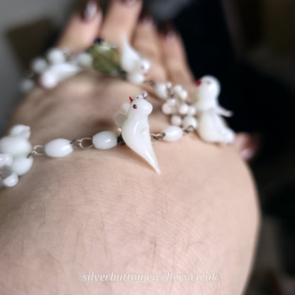 Antique / Vintage White Murano Glass Bird And Green Leaf Necklace