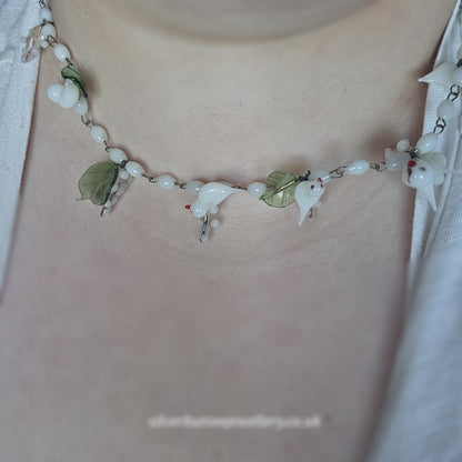 Antique / Vintage White Murano Glass Bird And Green Leaf Necklace