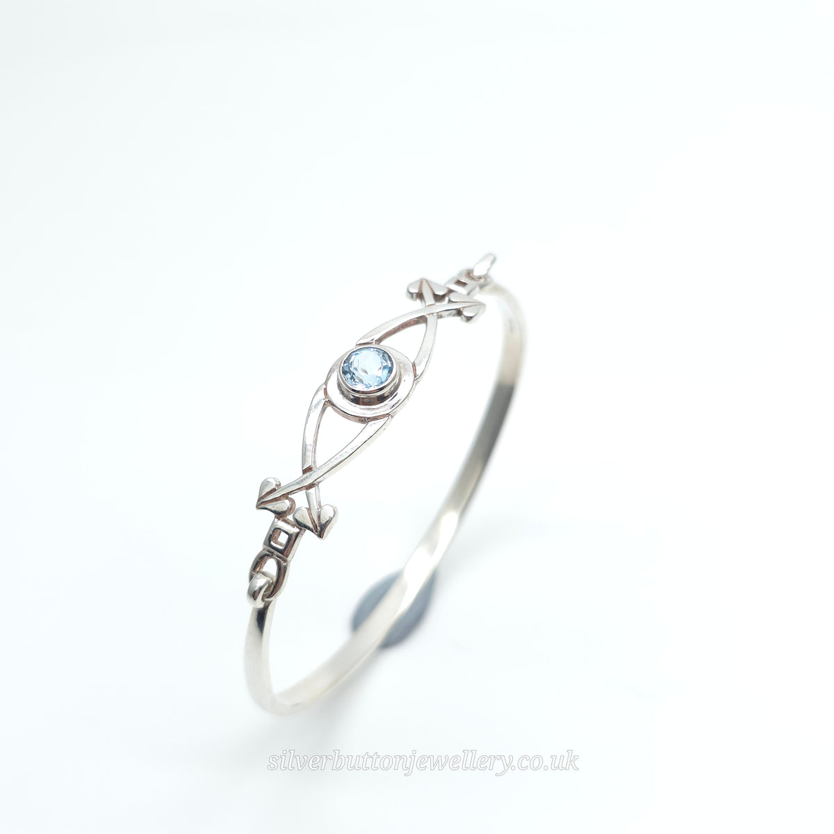 Sterling Silver Vintage Round Cut Blue Topaz Openwork Bangle