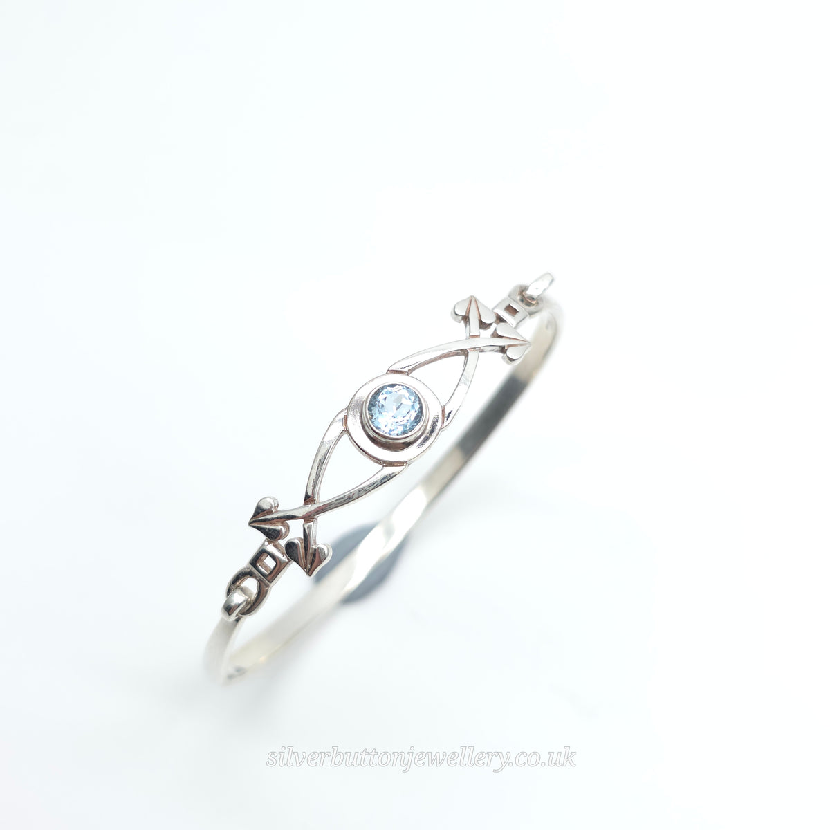 Sterling Silver Vintage Round Cut Blue Topaz Openwork Bangle