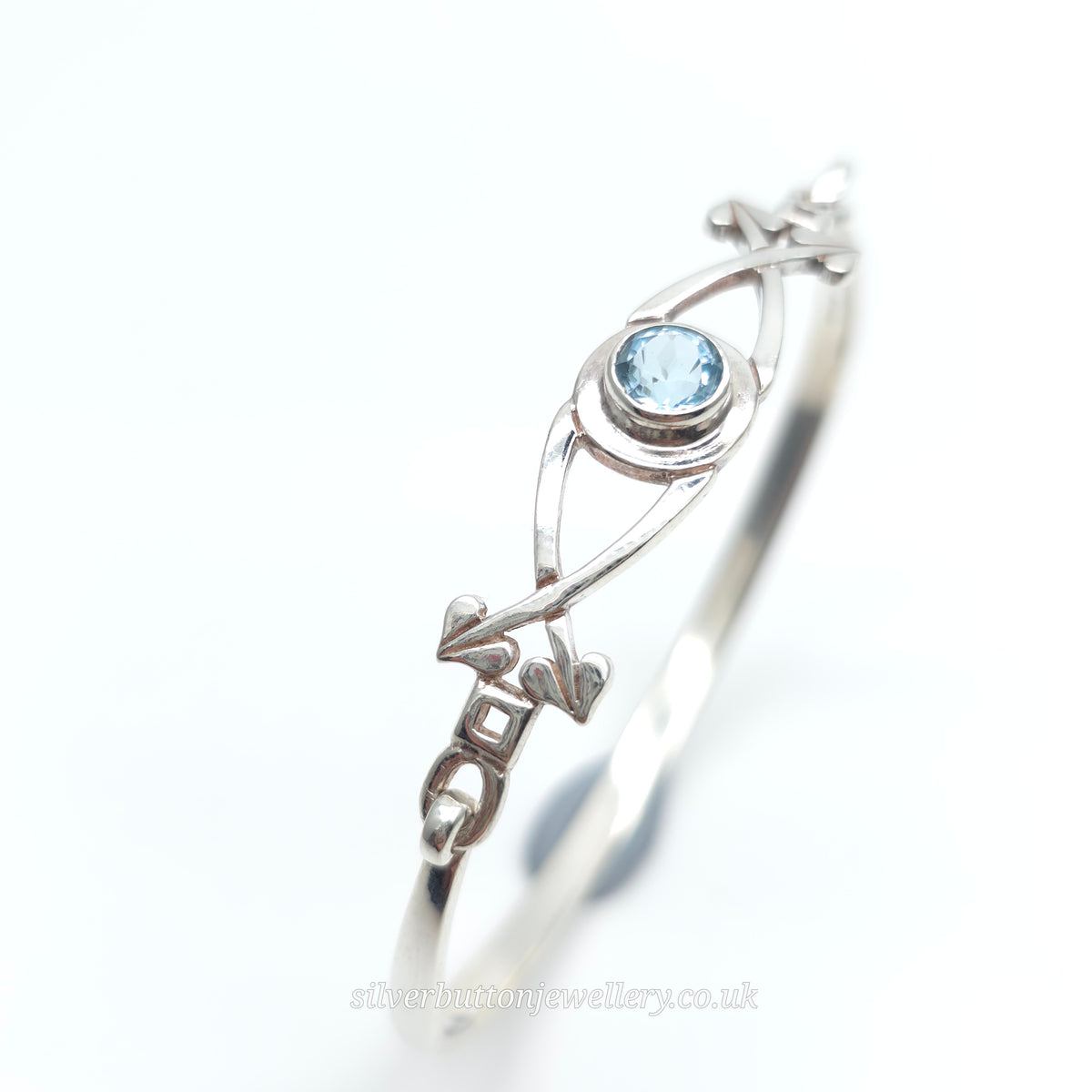 Sterling Silver Vintage Round Cut Blue Topaz Openwork Bangle