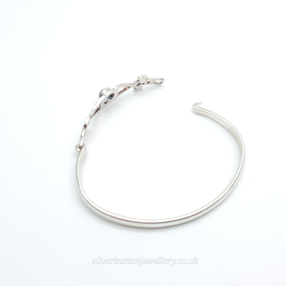 Sterling Silver Vintage Round Cut Blue Topaz Openwork Bangle