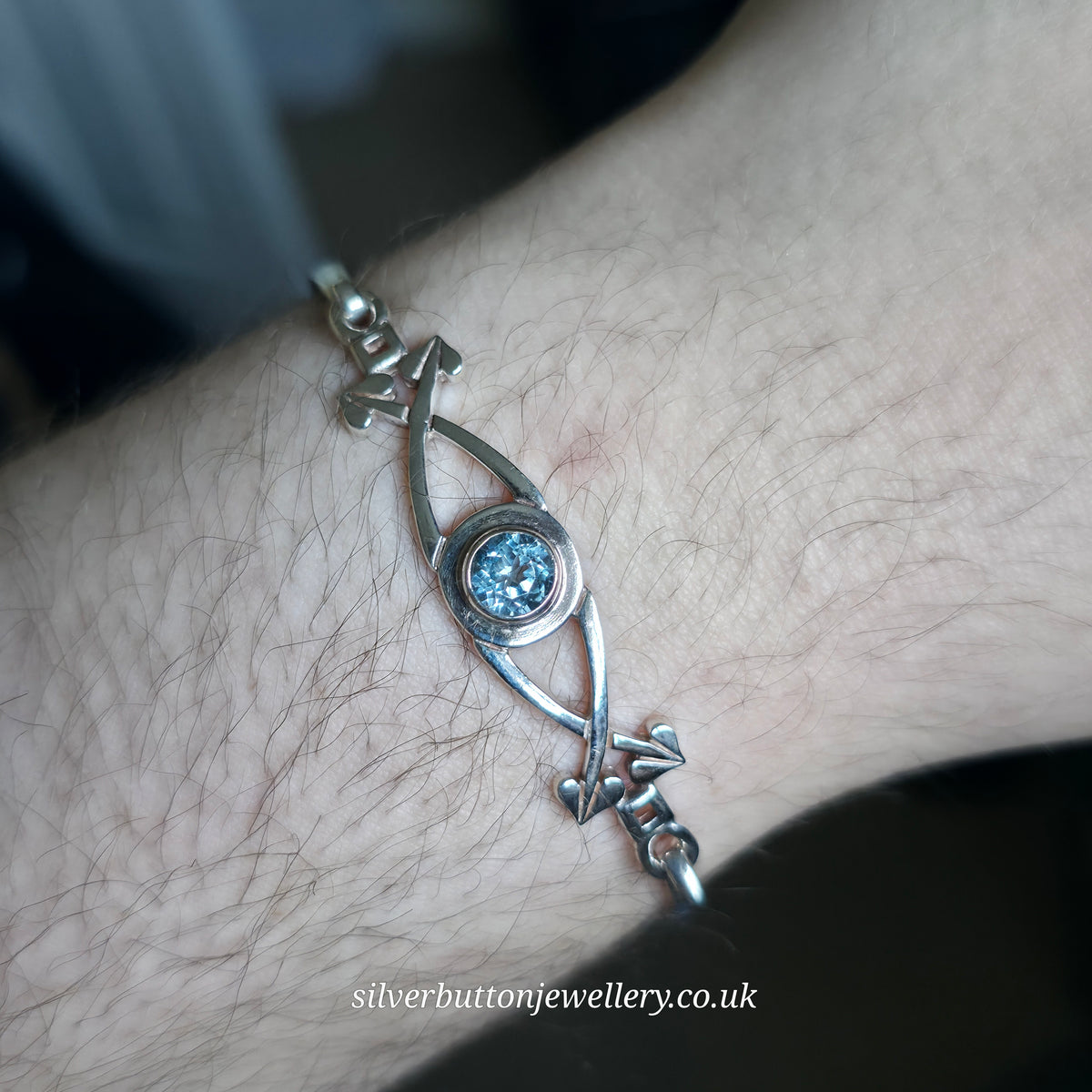 Sterling Silver Vintage Round Cut Blue Topaz Openwork Bangle
