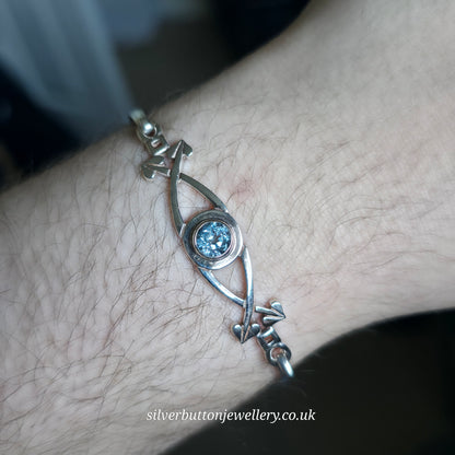 Sterling Silver Vintage Round Cut Blue Topaz Openwork Bangle