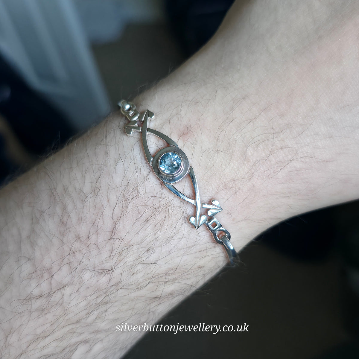 Sterling Silver Vintage Round Cut Blue Topaz Openwork Bangle
