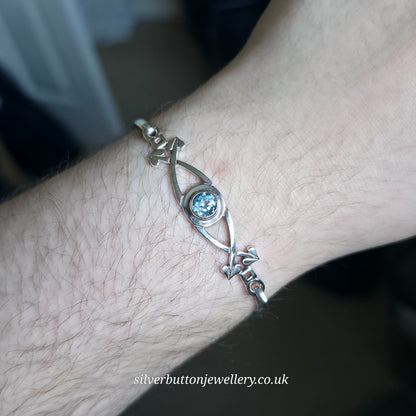 Sterling Silver Vintage Round Cut Blue Topaz Openwork Bangle