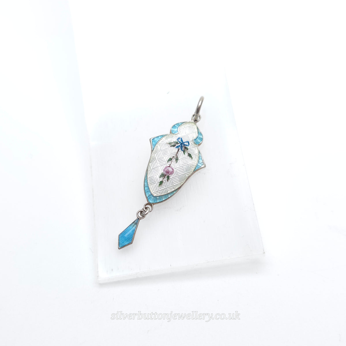 Sterling Silver Antique JA&S Blue +White Guilloche Enamel Floral Painted Pendant