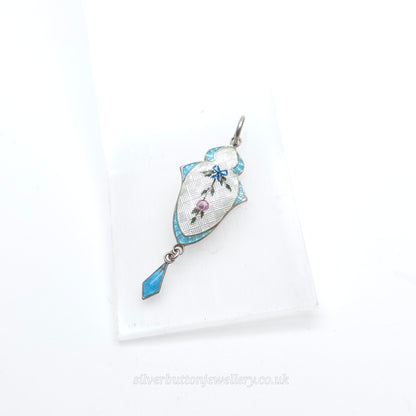 Sterling Silver Antique JA&S Blue +White Guilloche Enamel Floral Painted Pendant
