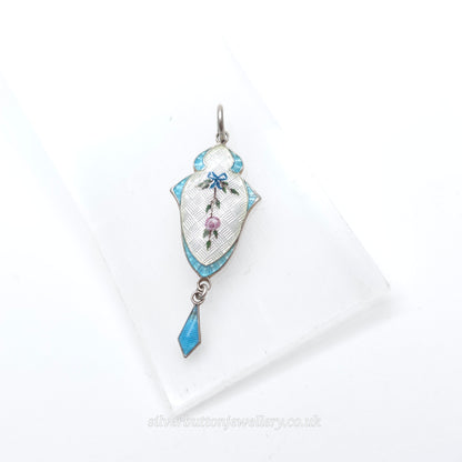 Sterling Silver Antique JA&S Blue +White Guilloche Enamel Floral Painted Pendant