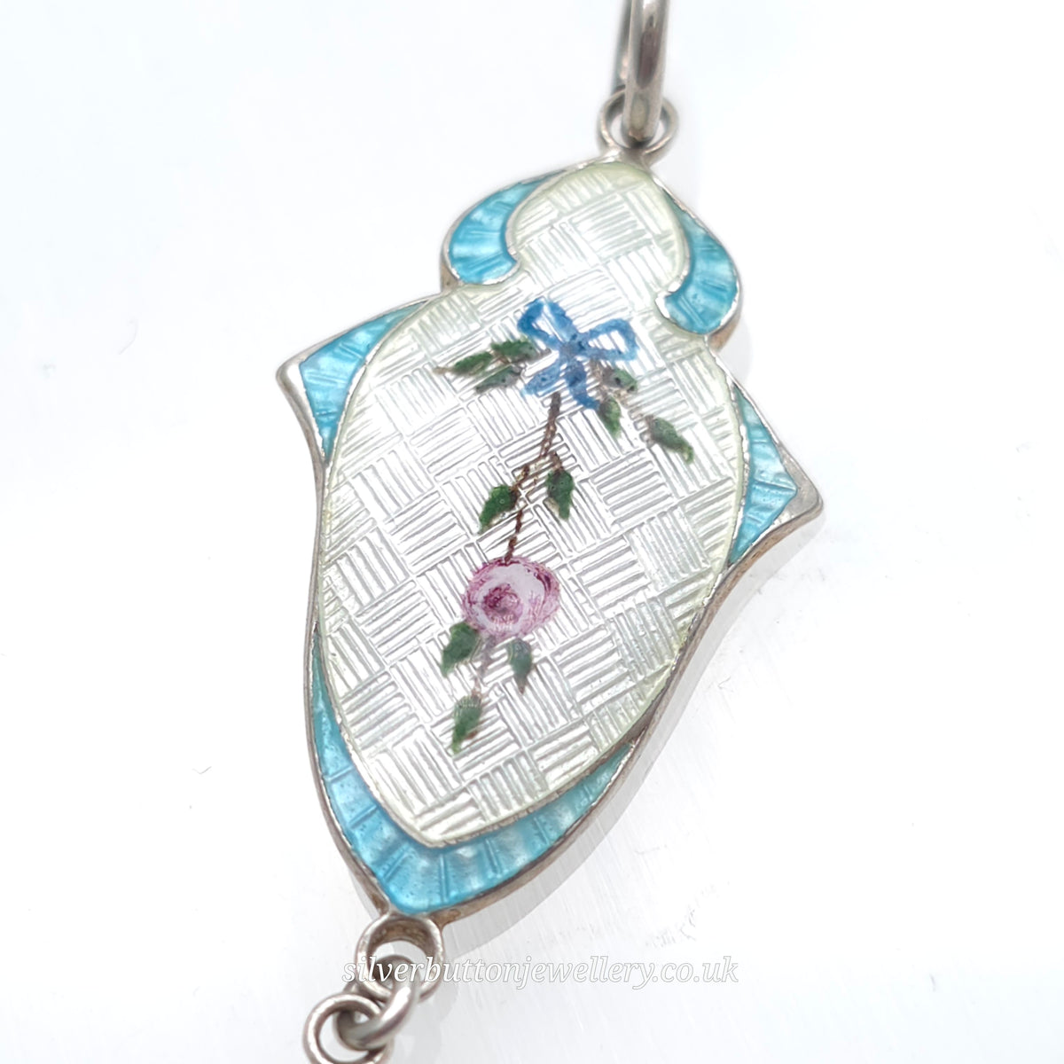 Sterling Silver Antique JA&S Blue +White Guilloche Enamel Floral Painted Pendant