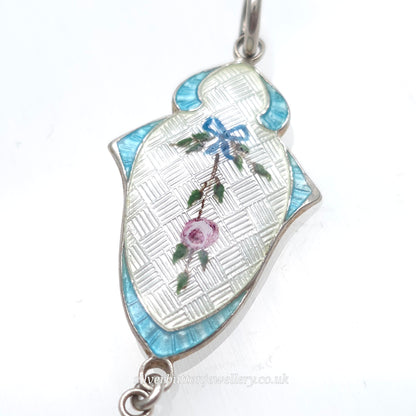Sterling Silver Antique JA&S Blue +White Guilloche Enamel Floral Painted Pendant