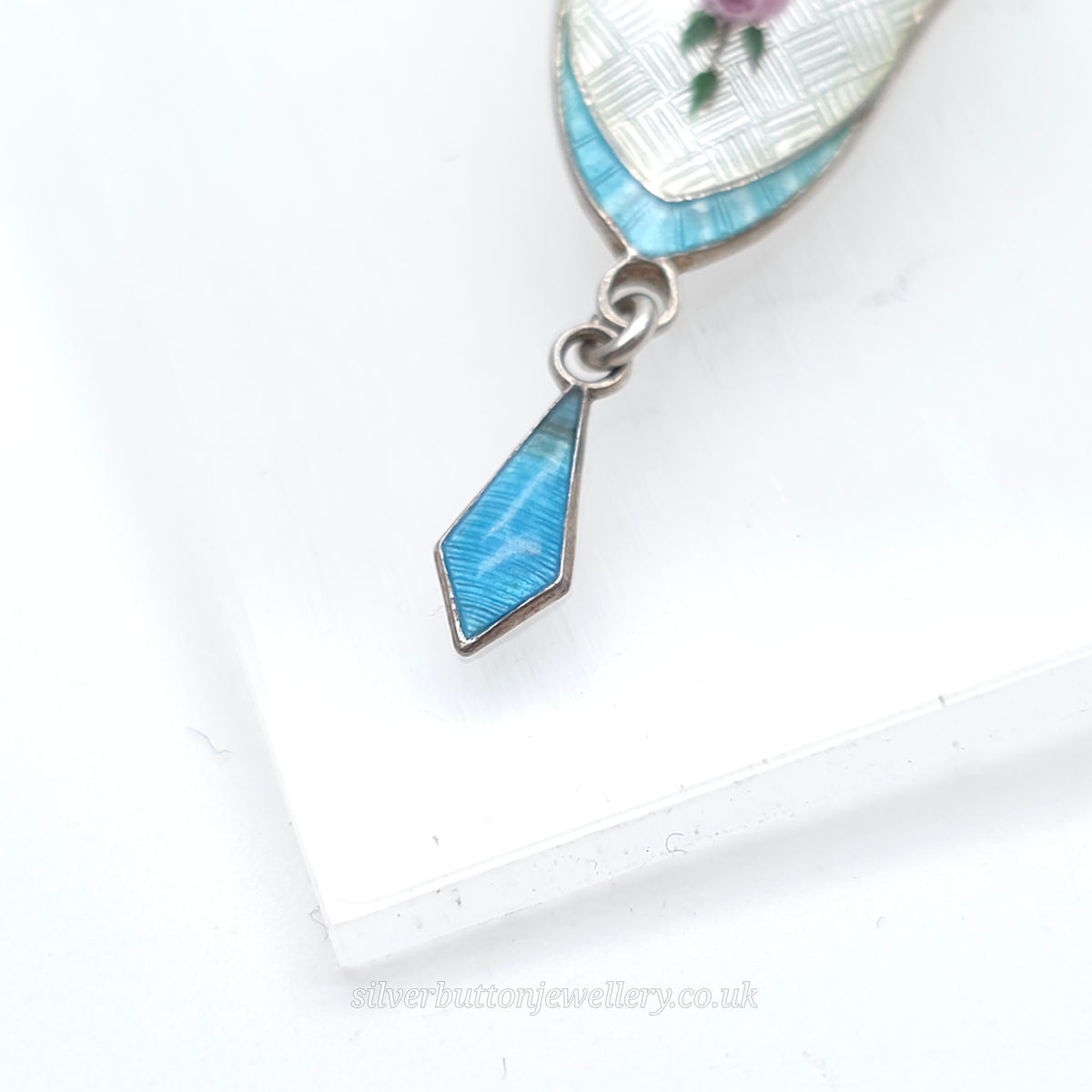 Sterling Silver Antique JA&S Blue +White Guilloche Enamel Floral Painted Pendant