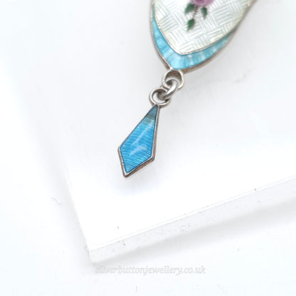 Sterling Silver Antique JA&S Blue +White Guilloche Enamel Floral Painted Pendant