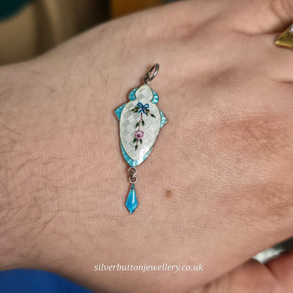 Sterling Silver Antique JA&S Blue +White Guilloche Enamel Floral Painted Pendant