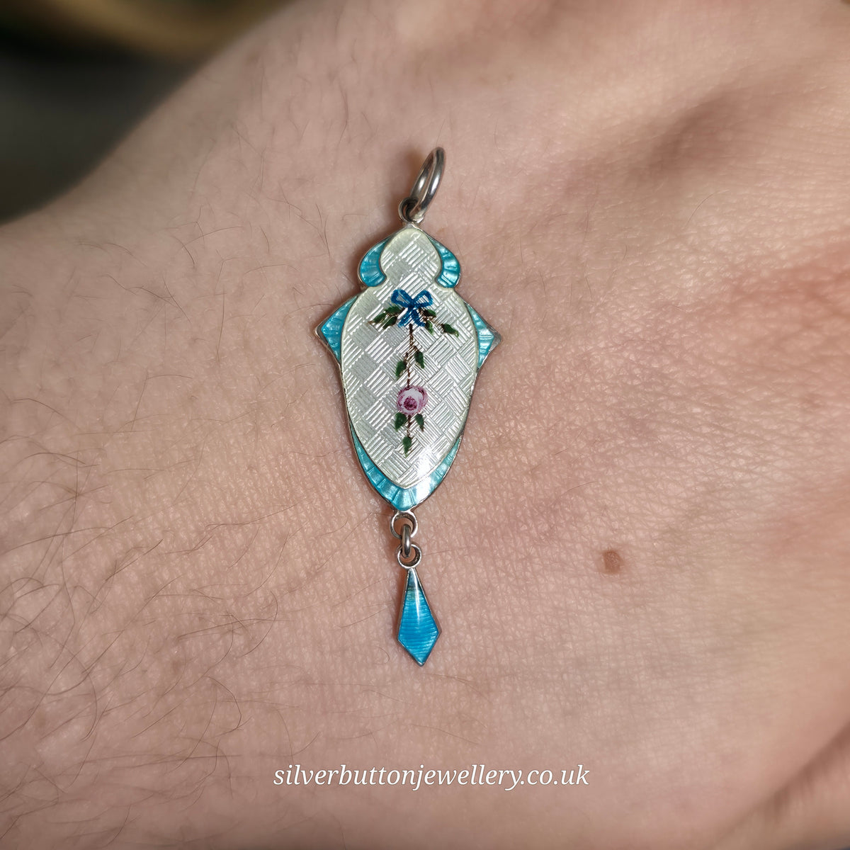 Sterling Silver Antique JA&S Blue +White Guilloche Enamel Floral Painted Pendant