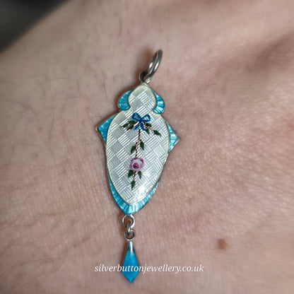 Sterling Silver Antique JA&S Blue +White Guilloche Enamel Floral Painted Pendant