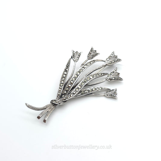 Sterling Silver Large Vintage Marcasite Tulip Flower Bunch Brooch
