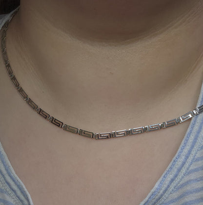 Sterling Silver Vintage Rectangular Greek Key Style Link Necklace 16 Inch