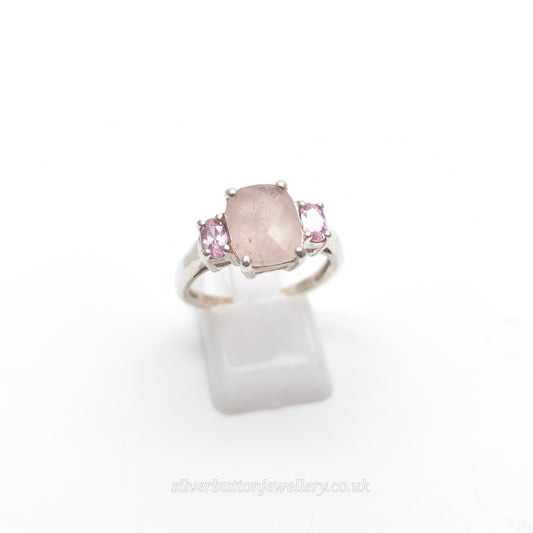 Sterling Silver Vintage Cushion Cut Rose Quartz And Pink CZ Stone Ring