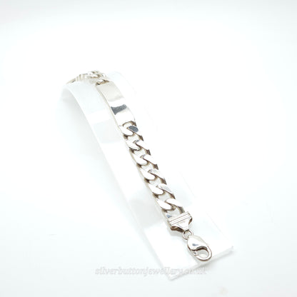 Sterling Silver Gents XL Chunky Rectangular ID Panel Filed Curb Bracelet
