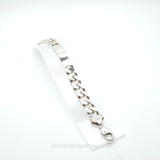 Sterling Silver Gents XL Chunky Rectangular ID Panel Filed Curb Bracelet