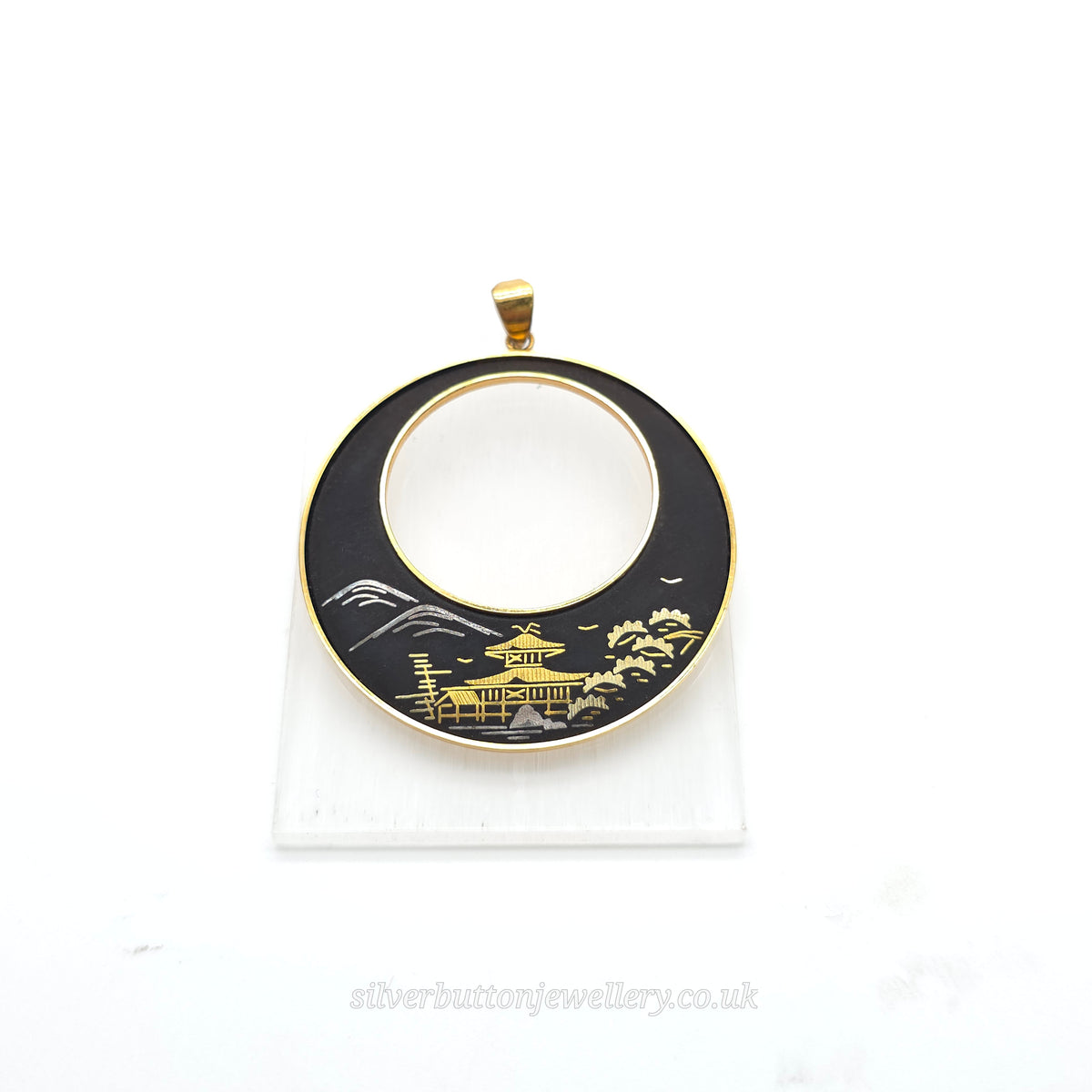 Gold Plated Large Amita Damascene Round Black Pendant With Cut Out
