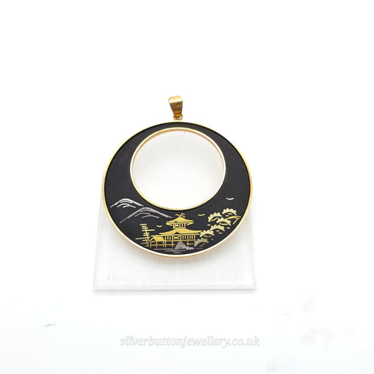 Gold Plated Large Amita Damascene Round Black Pendant With Cut Out