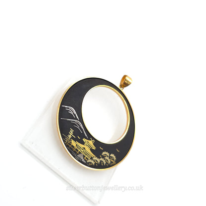 Gold Plated Large Amita Damascene Round Black Pendant With Cut Out