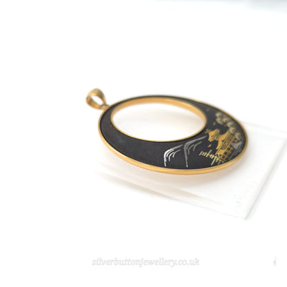 Gold Plated Large Amita Damascene Round Black Pendant With Cut Out