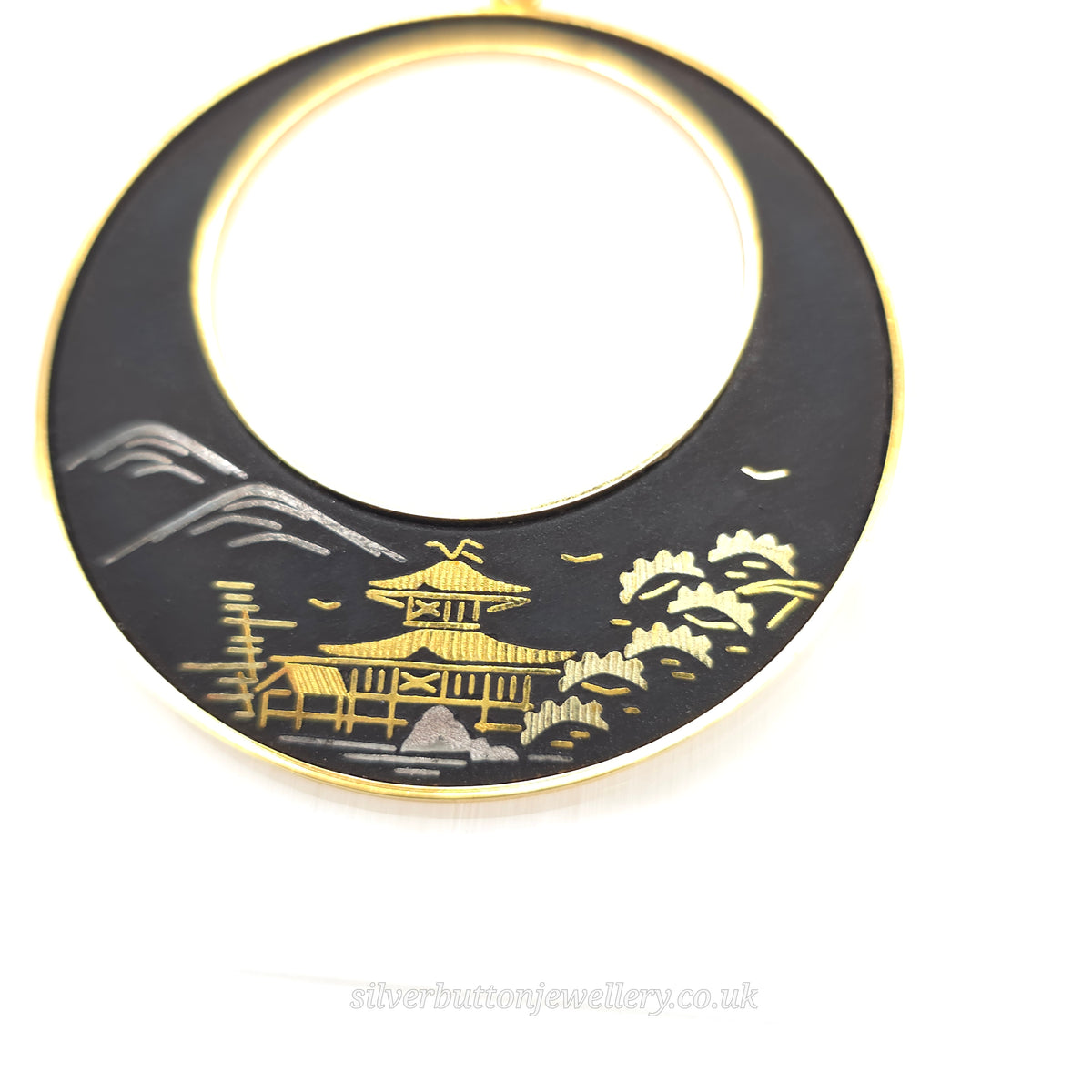 Gold Plated Large Amita Damascene Round Black Pendant With Cut Out