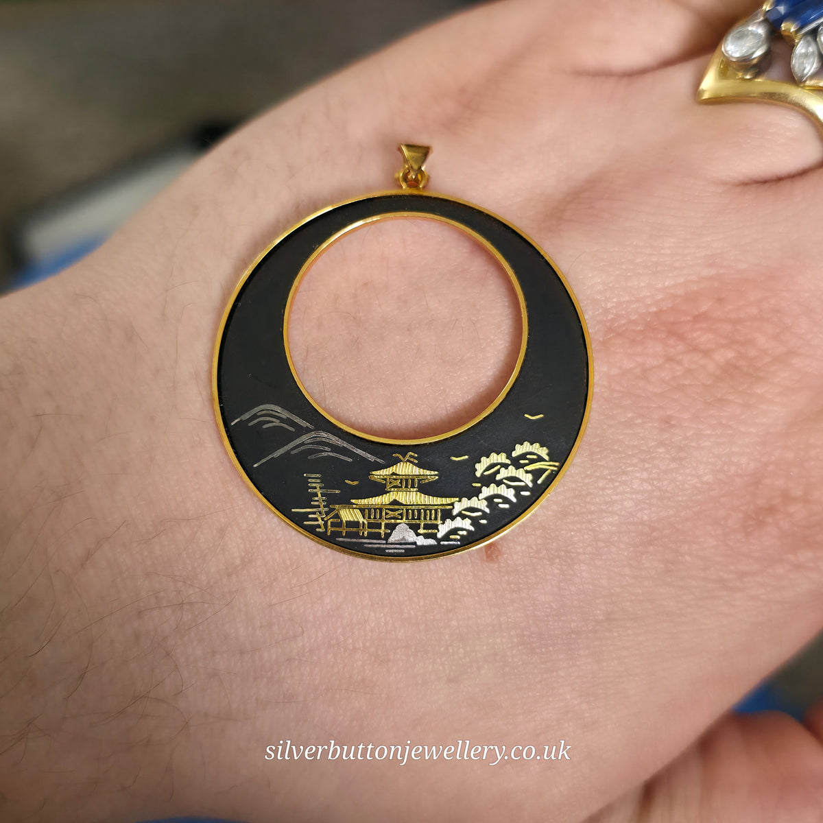 Gold Plated Large Amita Damascene Round Black Pendant With Cut Out