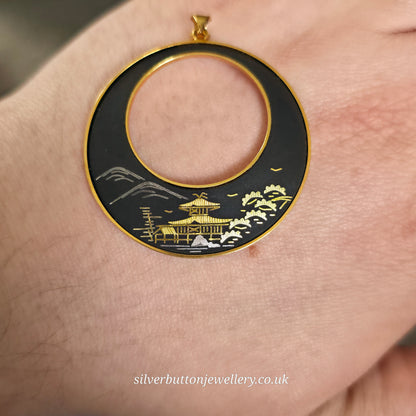 Gold Plated Large Amita Damascene Round Black Pendant With Cut Out