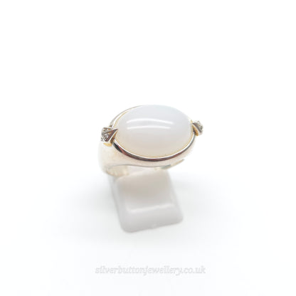 Sterling Silver Large Chunky Oval Cabochon White Chalcedony And Zircon Ring