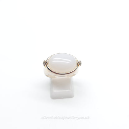 Sterling Silver Large Chunky Oval Cabochon White Chalcedony And Zircon Ring