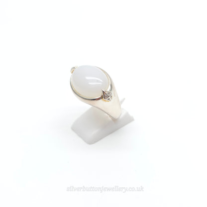 Sterling Silver Large Chunky Oval Cabochon White Chalcedony And Zircon Ring