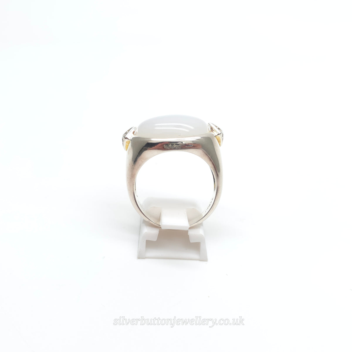 Sterling Silver Large Chunky Oval Cabochon White Chalcedony And Zircon Ring
