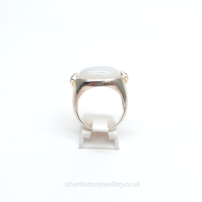 Sterling Silver Large Chunky Oval Cabochon White Chalcedony And Zircon Ring