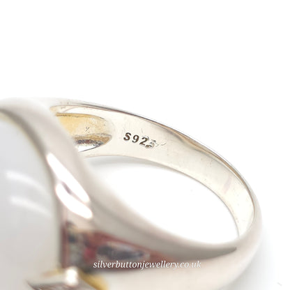 Sterling Silver Large Chunky Oval Cabochon White Chalcedony And Zircon Ring