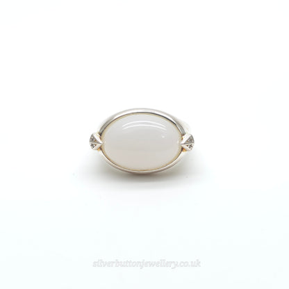 Sterling Silver Large Chunky Oval Cabochon White Chalcedony And Zircon Ring
