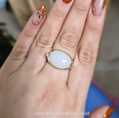 Sterling Silver Large Chunky Oval Cabochon White Chalcedony And Zircon Ring