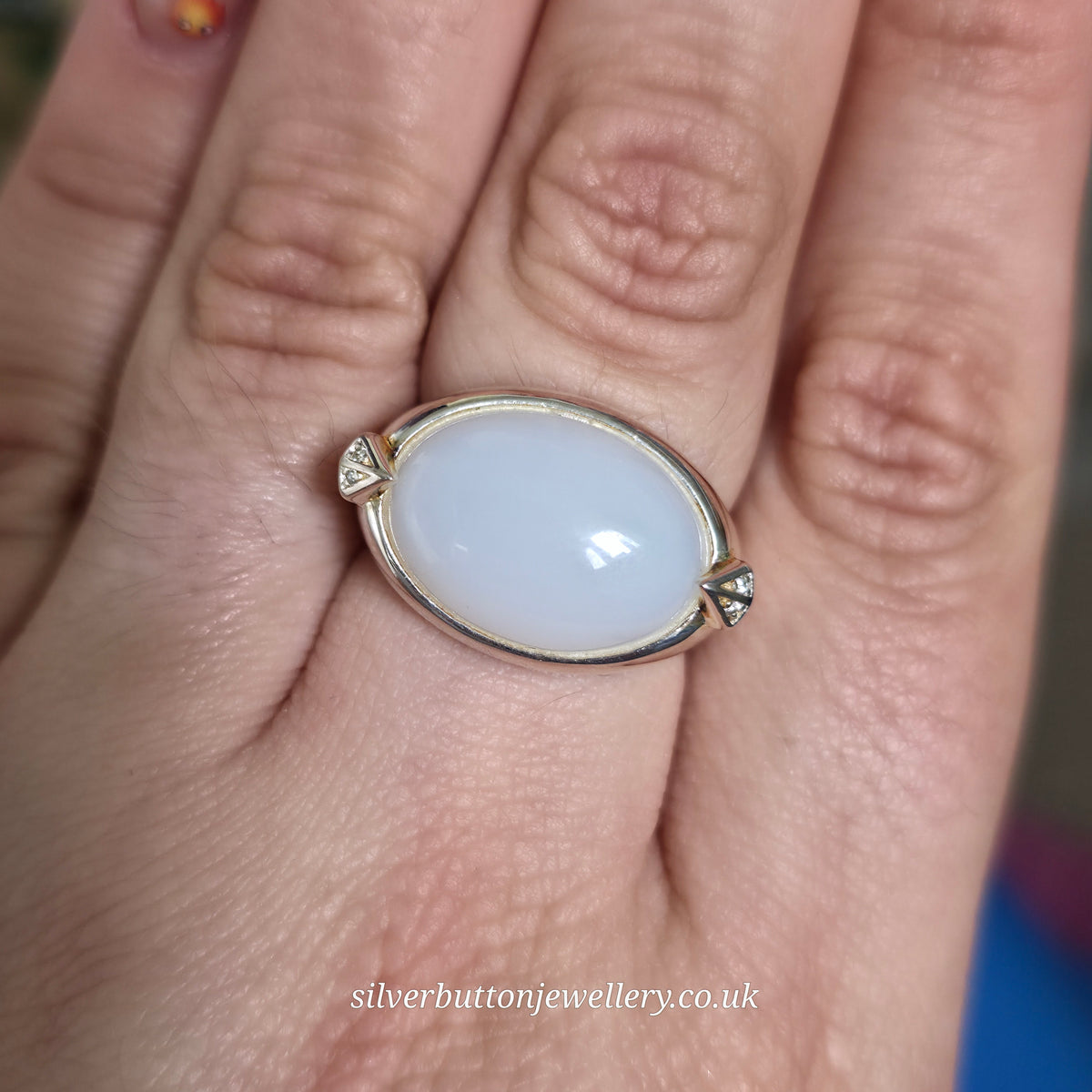 Sterling Silver Large Chunky Oval Cabochon White Chalcedony And Zircon Ring