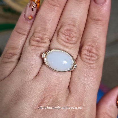 Sterling Silver Large Chunky Oval Cabochon White Chalcedony And Zircon Ring